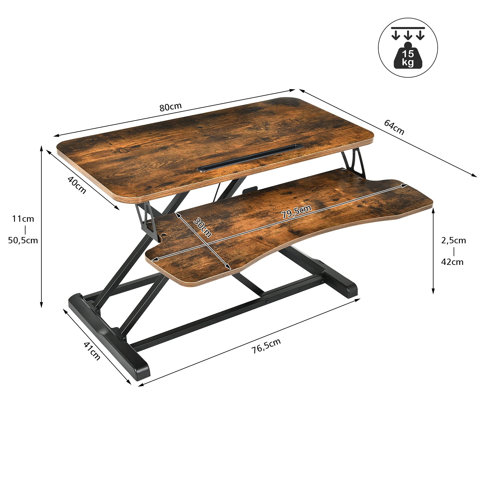 GIANTEX Poste de Travail Informatique Assis Debout Réglable en Hauteur, Convertisseur Bureau avec Plateau pour Clavier et Support pour Tablette, 80 x 64 x 11-50,5 cm (Marron)