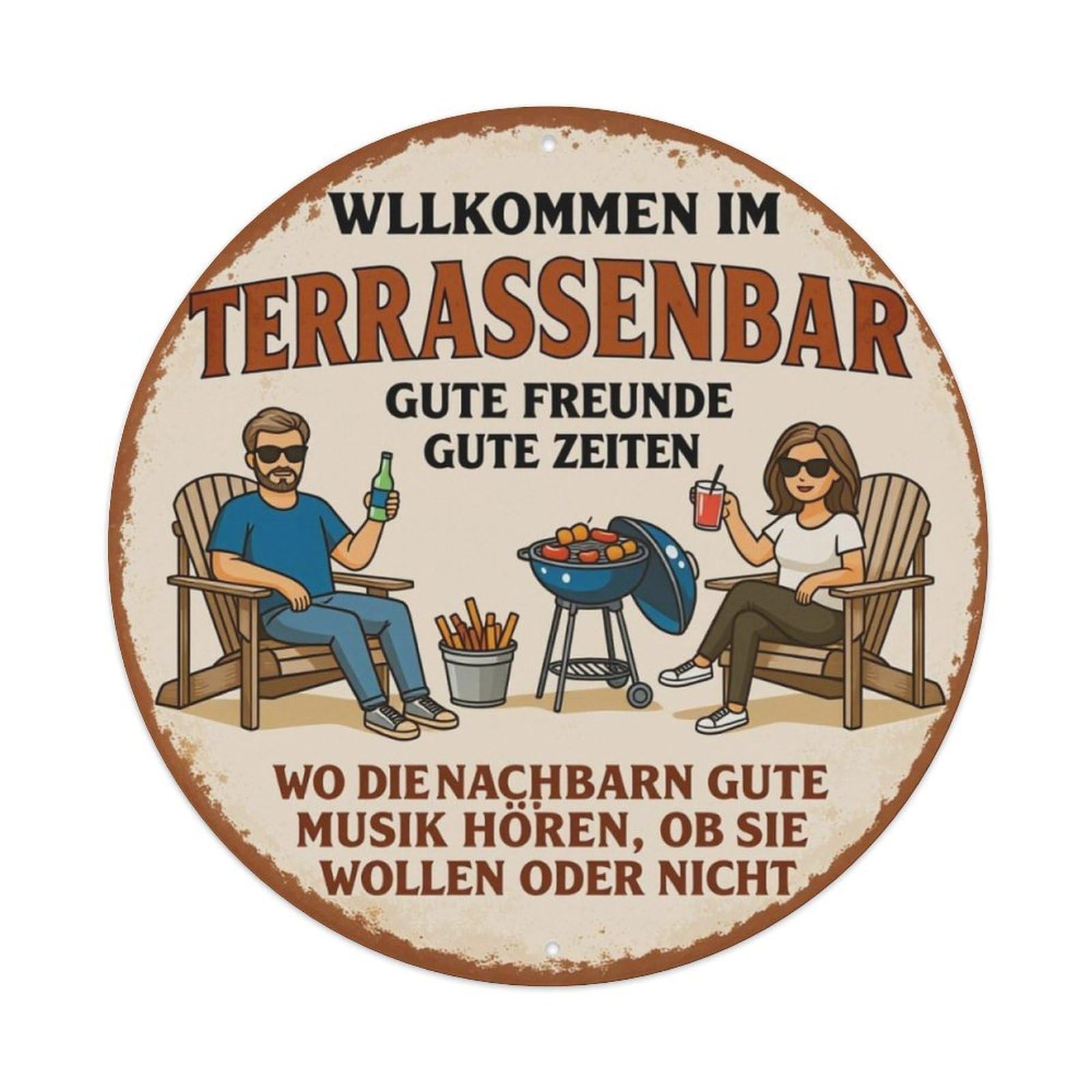 Patio Barbecue German Terrace Bar Welcome Round Decor Sign Vintage Aluminium Metal Sign, Retro Wall Decor for Home, Bar, Garage & Farmhouse 20x20cm