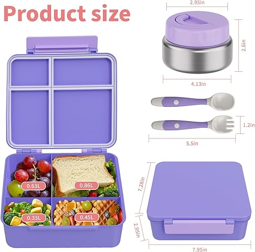 Miniatura 6 de Lonchera Bento para niños con contenedor térmico de alimentos (9 onzas), lonchera de 4 compartimentos, divisor ajustable, lonchera Bento a prueba de