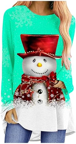Camisetas tipo túnica de invierno para mujer, talla grande, ajuste holgado, lindas camisetas de Navidad, muñeco de nieve, ocultar el vientre