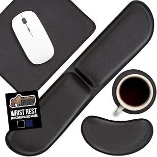 GORILLA GRIP Silky Memory Foam Keyboard Wrist Rest and Mouse Pad for Computer, Ergonomic Typing Support, Desk Office Supplies and Gaming Accessories, Hand & Arm Mousepad Cushions and Coaster Set Black