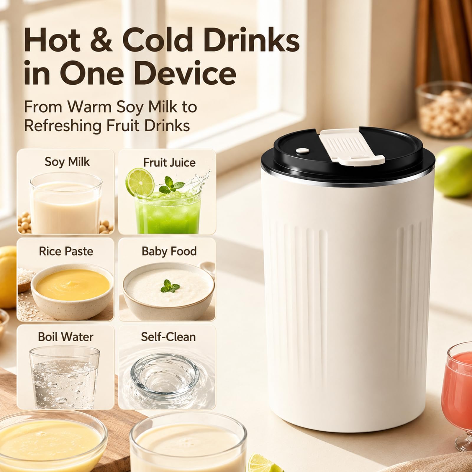 Macchina per Latte di Soia Portatile 350 ml, Modello Automatico 6-in-1 | 20 Lame in Acciaio Inox, Programmi Caldi e Freddi, Pulizia con Un Tocco e Design Senza Filtro per Casa, Lavoro e Viaggi