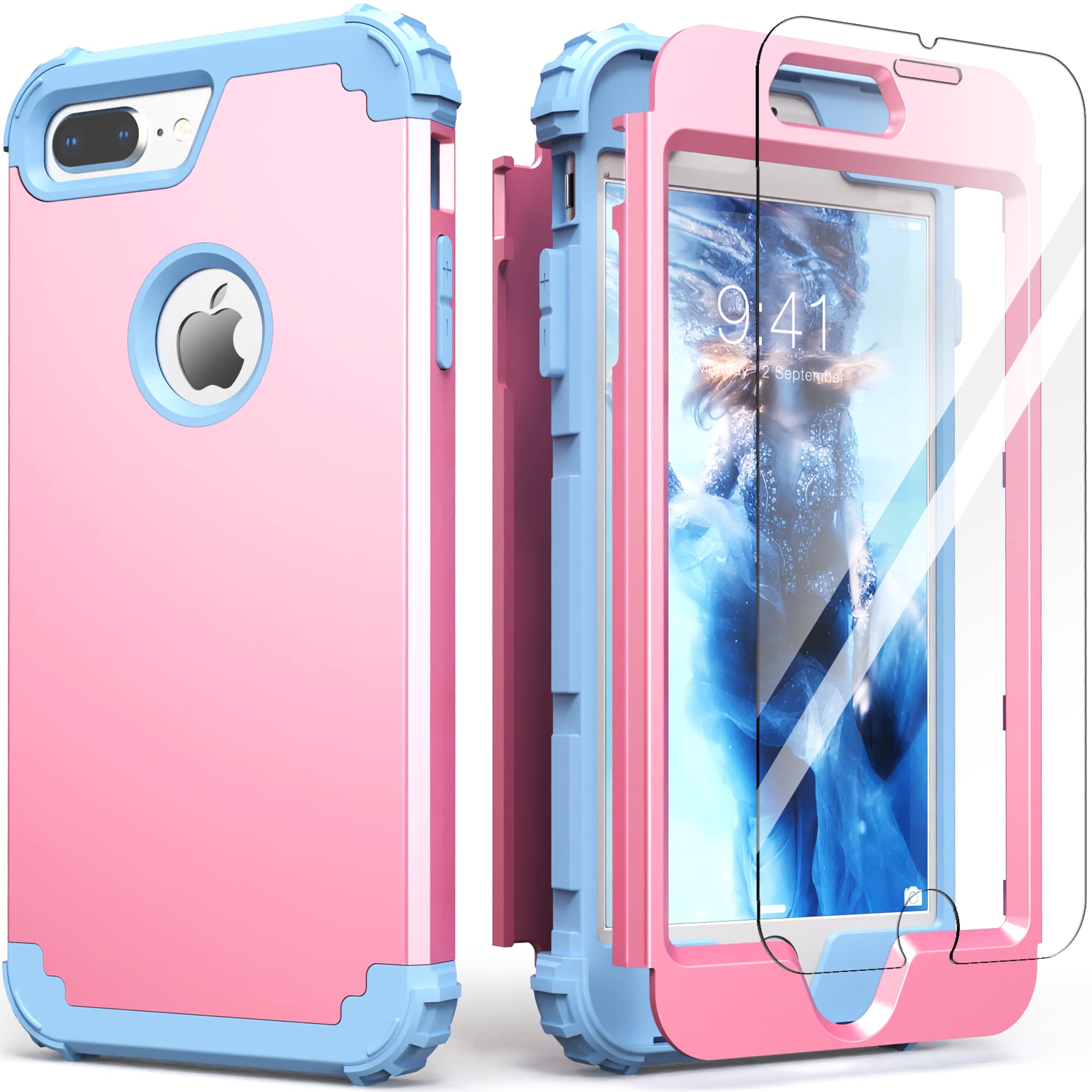 IDweel for iPhone 8 Plus Case,for iPhone 7 Plus Case with Screen Protector,3 in 1 Shockproof Hybrid Heavy Duty Protection Hard PC Cover Soft Silicone