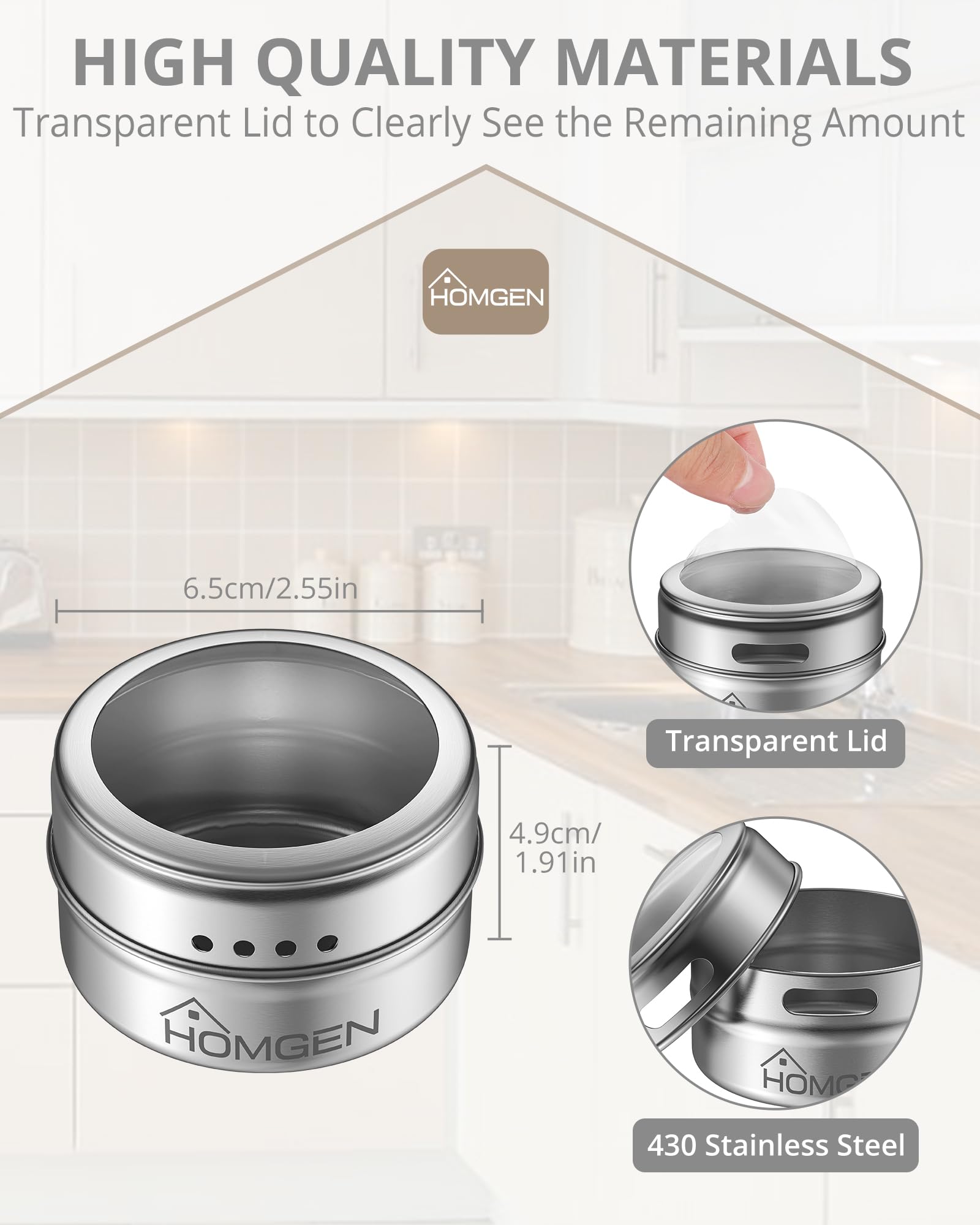 HOMGEN 12PZ Barattoli Spezie Magnetici in Acciaio Inox 100ML Set di Portaspezie Magnetici per Frigorifero Sale Zucchero Pepe Scatole con Coperchi Etichette e 3 Basi in Metallo a Cucina ecc