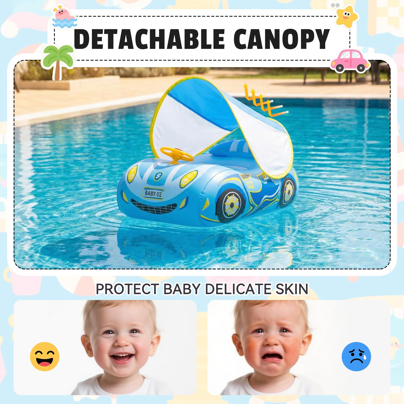 Salvagente Neonato con Parasole Spf 50+ con Tendalino Rimovibile Regolabile Sedile per Nuoto Piscina per Bambini Gonfiabile per Nuoto a Forma Aiuto per il Nuoto 18-48 Mesi Piscina Neonato