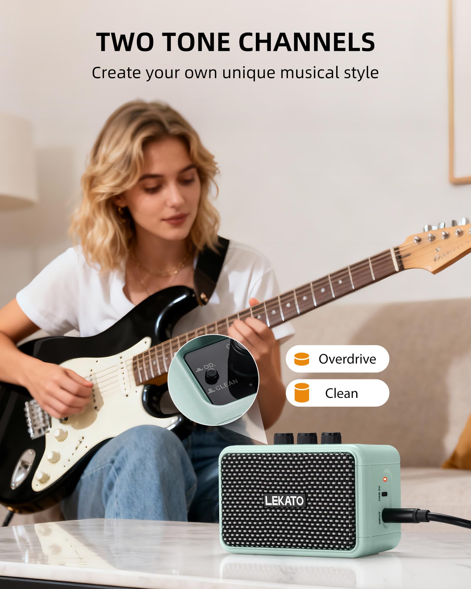 LEKATO 5W Mini amplificatore per chitarra, amplificatore elettrico ricaricabile con effetti Clean/Overdrive, Bluetooth 5.0 portatile (Blu)