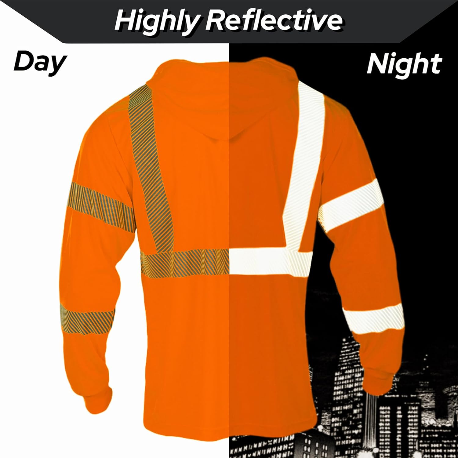 FONIRRA Hi Vis Shirts for Men Reflective Safety T-Shirt with Hood High Visibility Construction Work Long Sleeve - Image 3