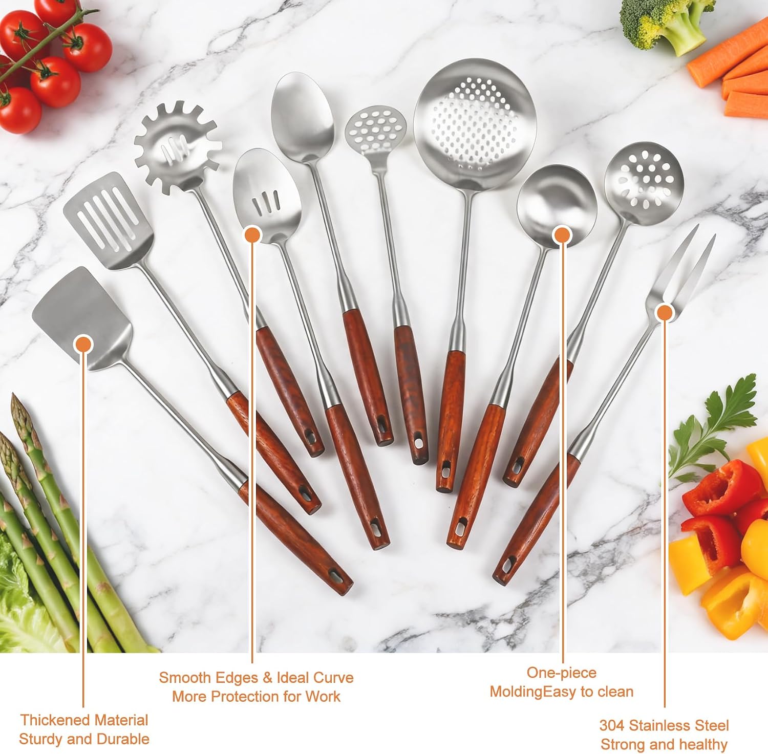 10pcs Stainless Steel Cooking Utensils Set Long Large Metal Kitchen Utensil Wok Tool for Professional Kitchens