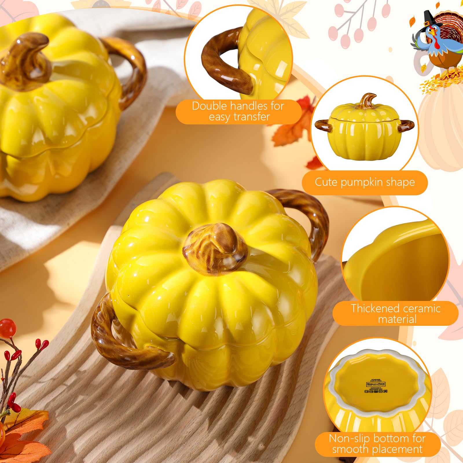 Uiifan Lot de 2 bols à citrouille en céramique de 500 ml pour la cuisine - Marmite mignonne sans danger pour la citrouille avec couvercle à double oreille pour Thanksgiving, automne, pâtisserie,
