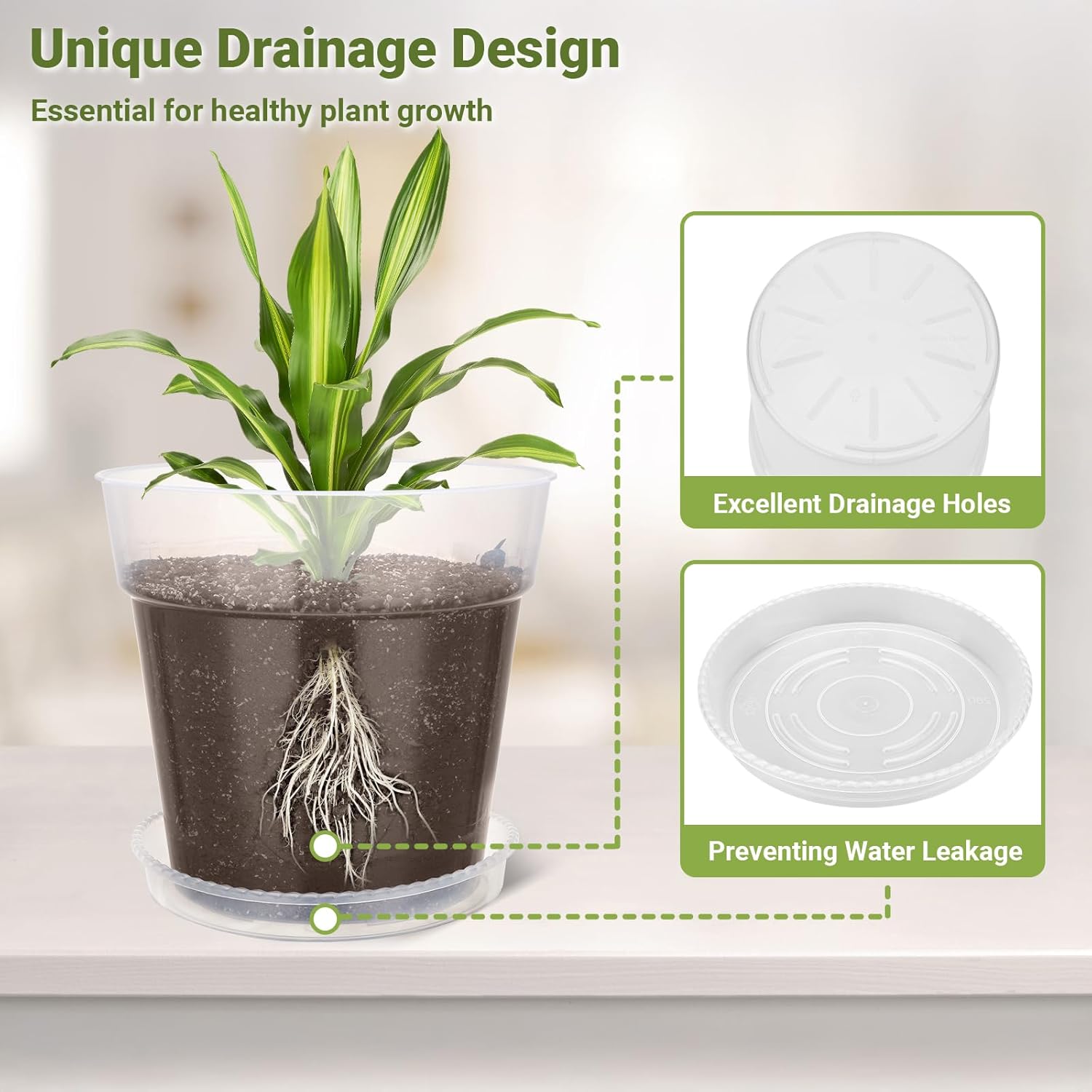 GREANER 12 Inch Transparent Plastic Planter, 10 PCS Plastic Flower Pots with with Saucers and Drainage Holes, Seedlings Garden Pot for Indoor Outdoor(with 10PCS Plant Labels)