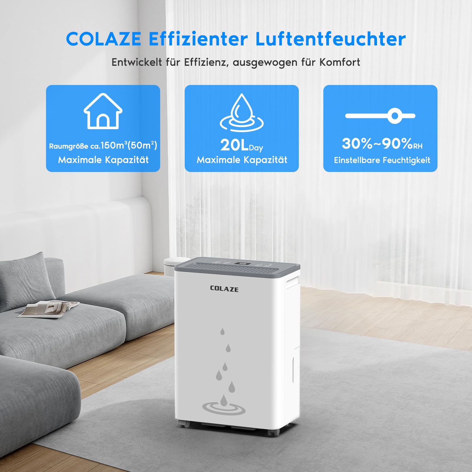COLAZE Deshumidificador 20L/día, Deshumificadores de Humedad Silencioso, Modo Secado de Ropa y Auto Antihumedad,Drenaje Continuo, Ideal para Baños, Dormitorios, Sótanos