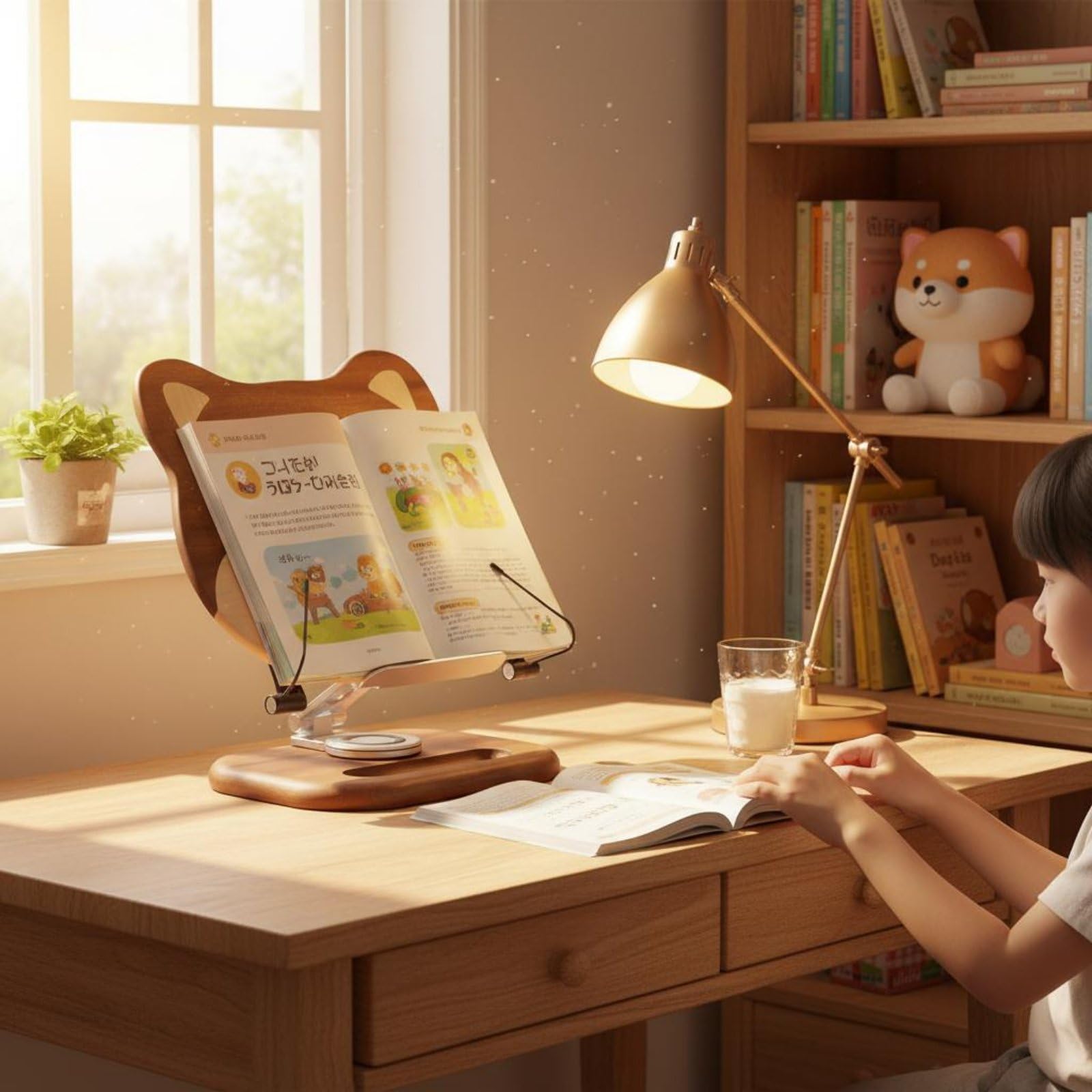 Leggìo per Bambini Supporto Libro Stand Porta Libri Porta Tablet in Legno con Vassoio Integrato Fermapagine E Braccio in Alluminio Base Rotante