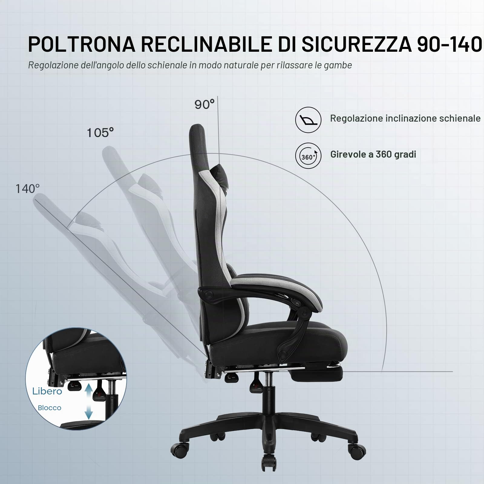 GTPLAYER Sedia da gaming, ergonomica, da scrivania, con superficie in tessuto, cuscino a molla, braccioli di collegamento e poggiapiedi, Negro