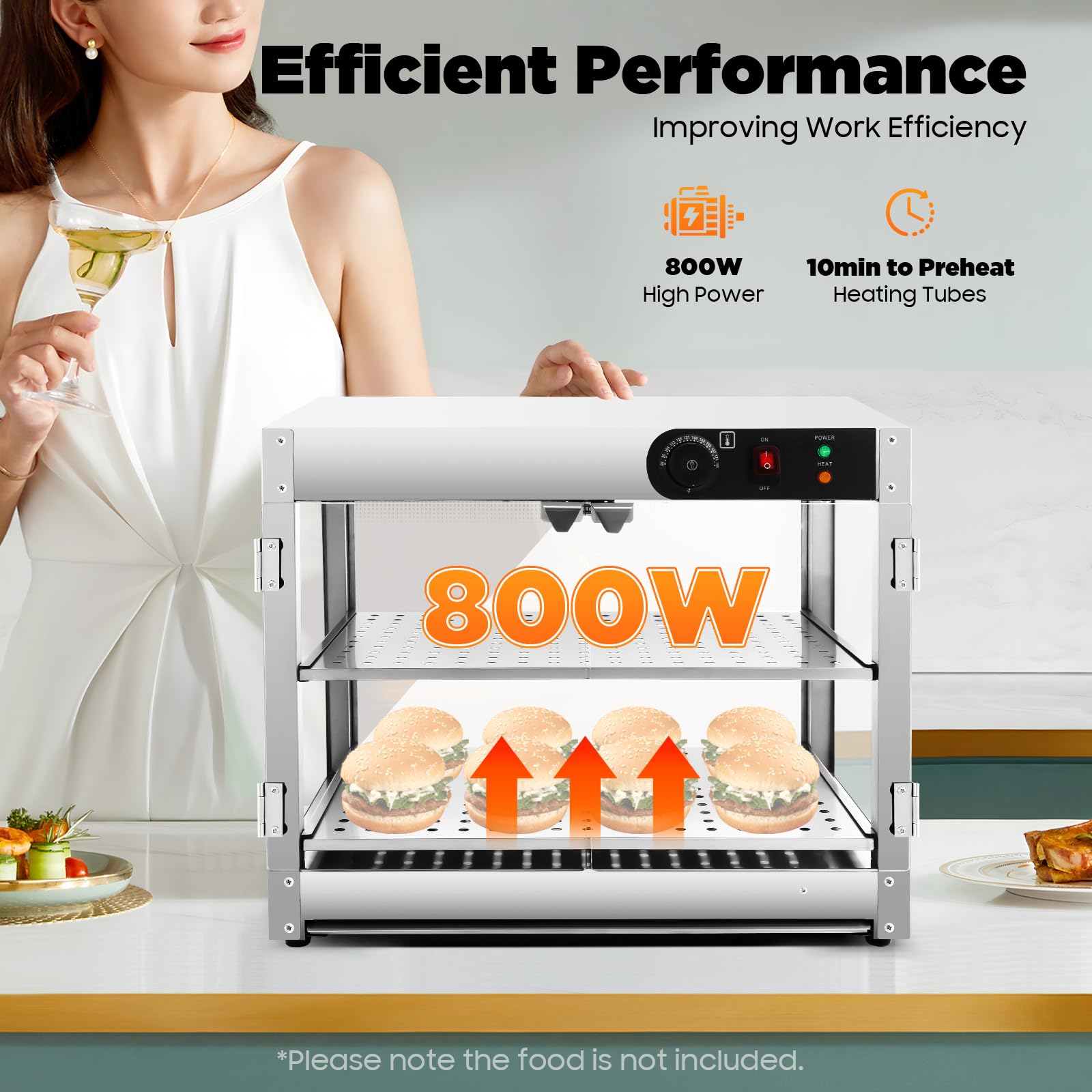 Vetrina calda, scaldavivande elettrica in acciaio inox 201, 2 ripiani da 800 W, portata di calore 30 ~ 85 °C, ripiano 50 x 30 cm, distanza tra i livelli 14 cm