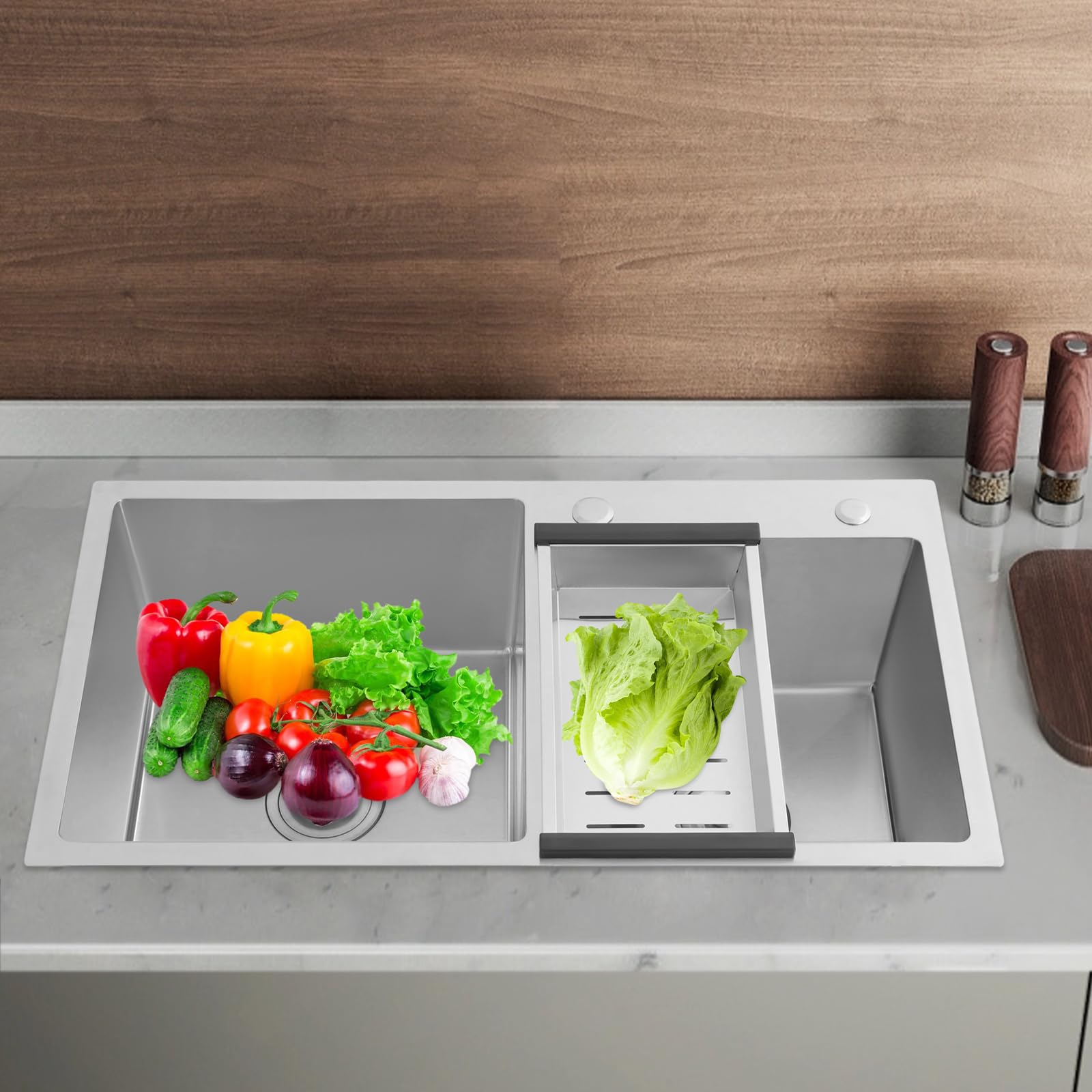 Lavello in acciaio inox, 78 x 43 cm, 2 vasche con sifone, lavello da incasso, lavello da cucina, in acciaio inox, per postazioni di lavoro