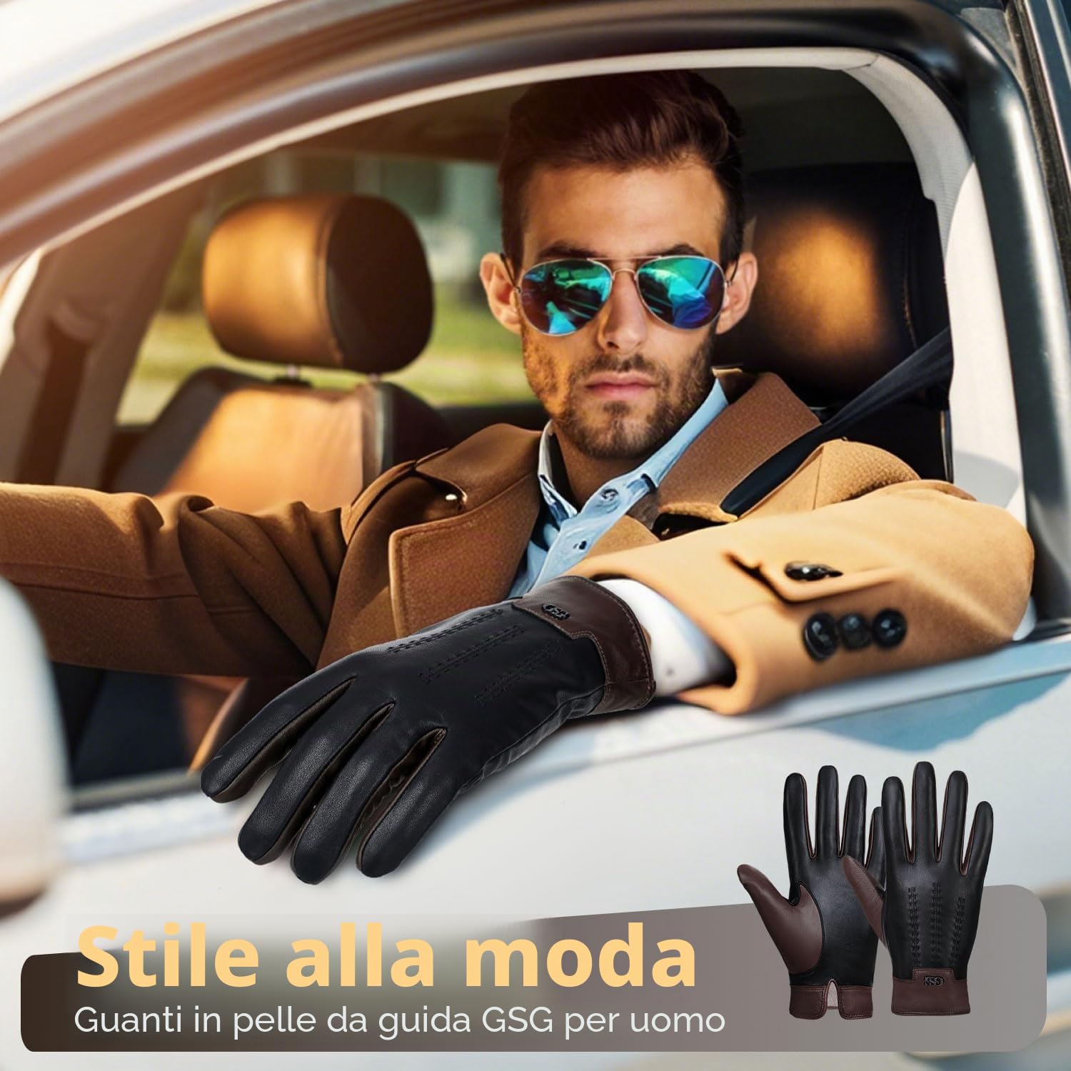 GSG SINCE 1998 Guanti Vera Pelle Senza Cromo Uomo, Invernali, Foderati in Cashmere, Touchscreen, Guanti Termici Moto, Marrone scuro L