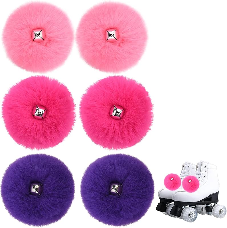 Cosmos 3 Pairs Roller Skate Pom Poms with Bells Tie-on Fluffy Pompoms with Shoelace Quad Roller Skates Accessories Colorful Cute Pom-poms Skates Decoration for Women (Pink, Hot Pink, Purple)