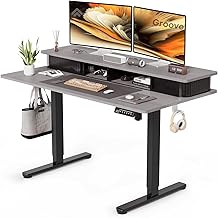 ARTIKEL Groove Electric Height Adjustable Standing Desk with Roller Shutter Door Storage| Sit-Stand Desk for Home Office |Ergonomic Workspace Table with Headphone Hook|120x63cm,Engineered Wood - Grey