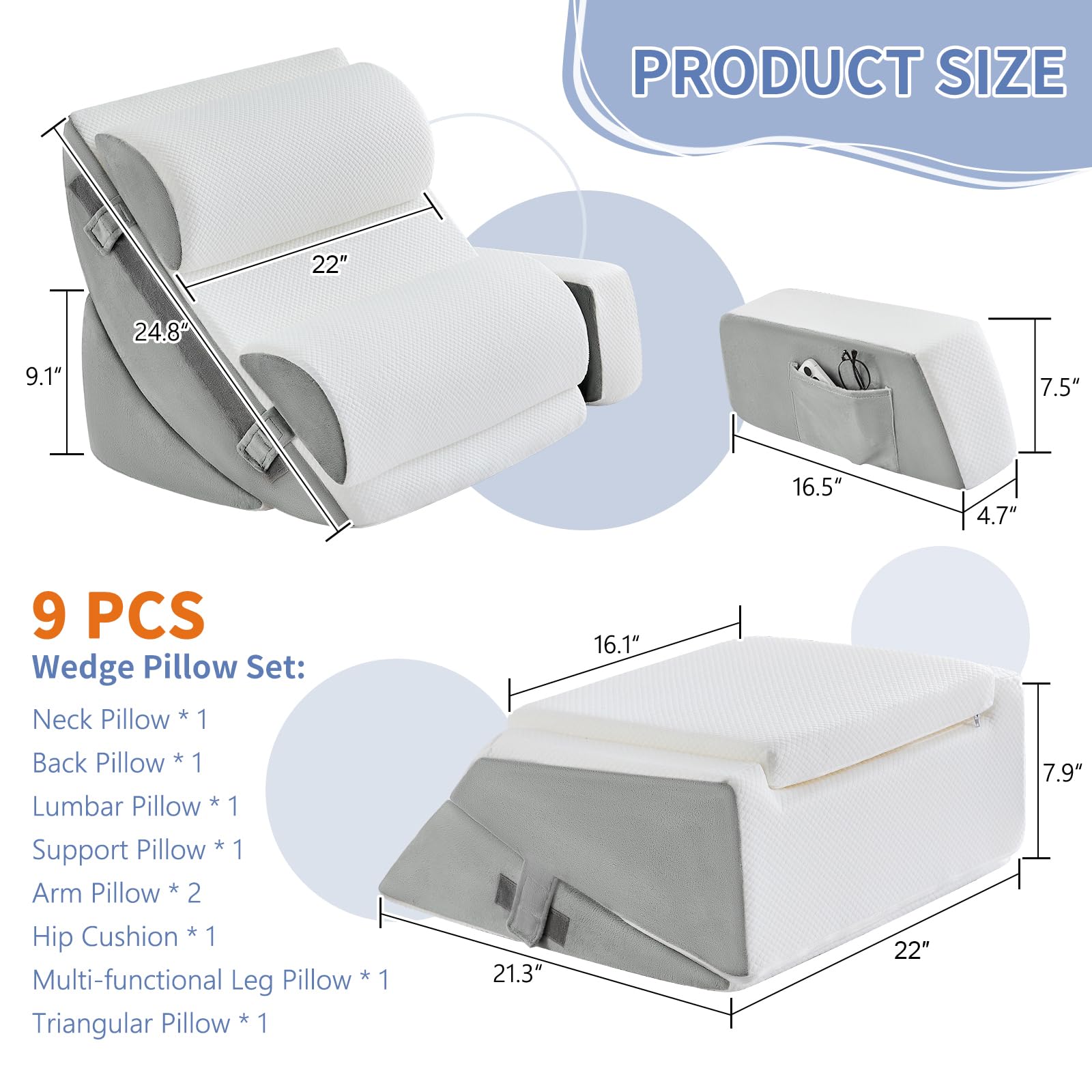 9PCS Orthopädische Bett Keil Kissen Set,Post Chirurgie Schaum Kissen für Körper, Rücken und Beine Schmerzlinderung,Justierbare Stützkissen mit Säure Reflux Bed Wedge Memory Foam Hellgrau