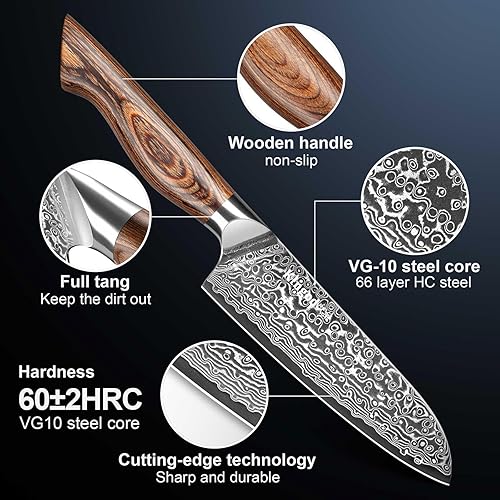 Miniatura 3 de Cuchillo Santoku de 5 pulgadas, núcleo de acero japonés VG10, hoja ultra afilada, mango de madera ergonómico, esenciales de cocina
