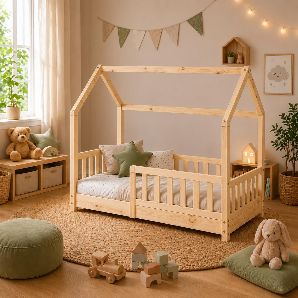 Easy Act Kinderbett Haus aus Massivholz – Bodenbett mit Rausfallschutz & Lattenrost – Hausbett Kinder Holz Bettgestell für Mädchen & Jungen ab 3 Jahre (Natur, 90 x 200 cm, ohne Matratze)