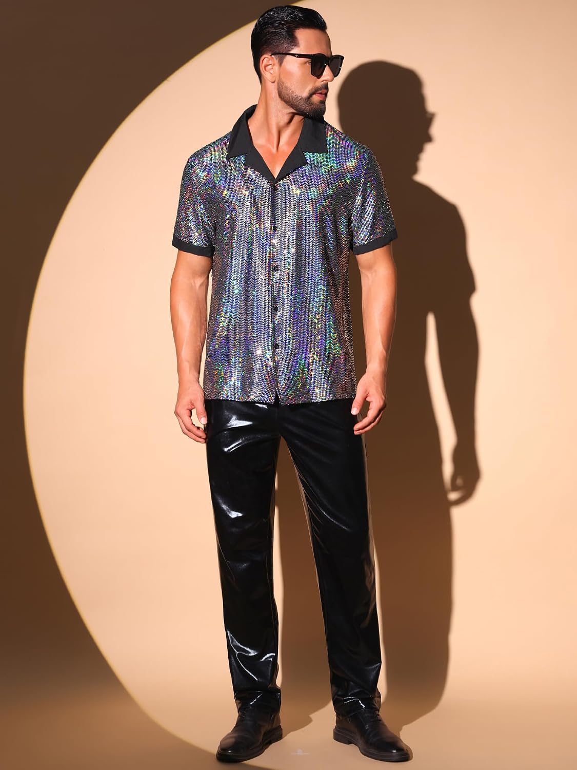 Lars Amadeus Sequins Shirts for Men's Camp Collar Button Down Short Sleeve Shiny Disco Shirt