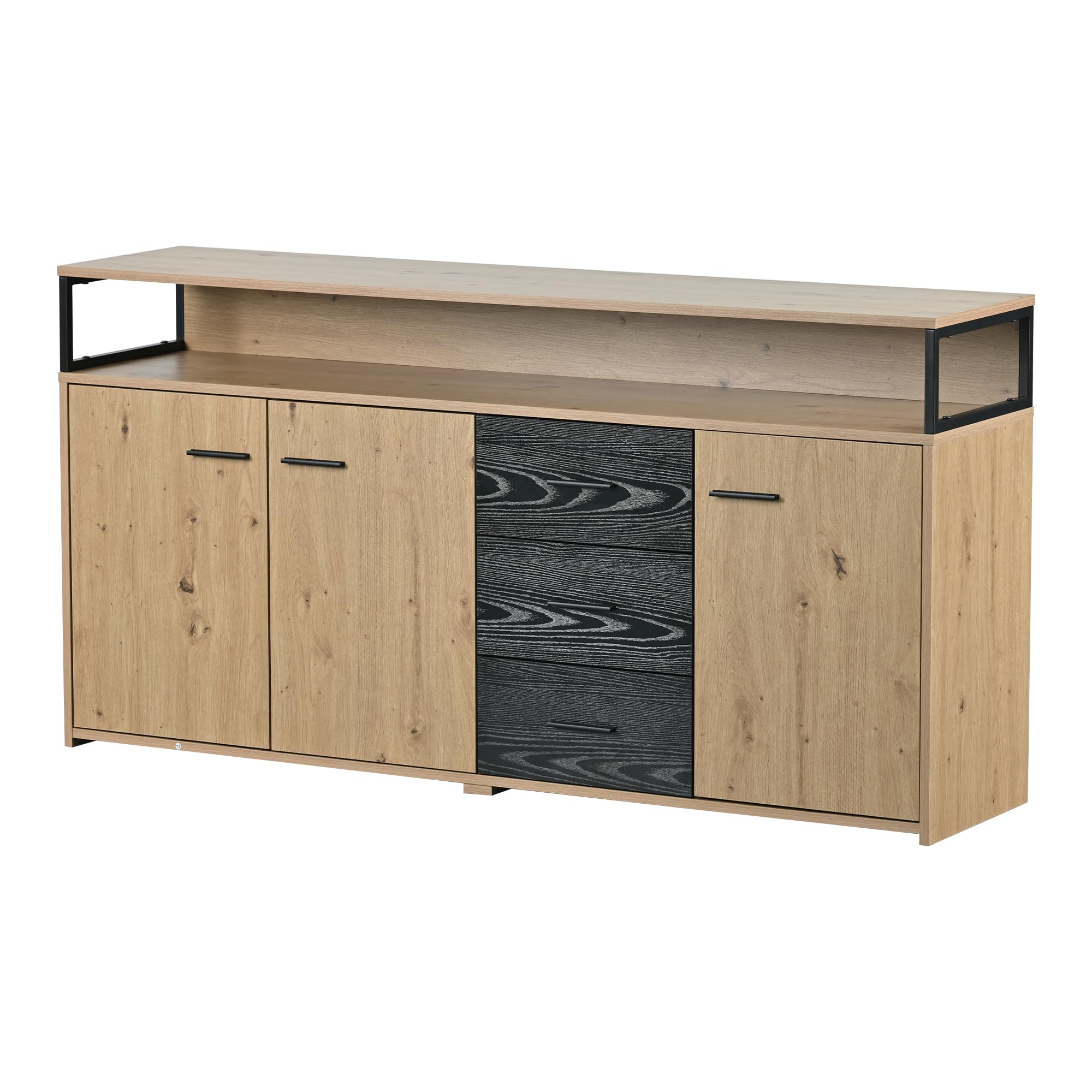 Aparador industrial con tres puertas y tres cajones, 150 x 35 x 75,9 cm, color negro y marrón, mueble de cocina con asas de metal, armario multiusos para dormitorio, salón, oficina