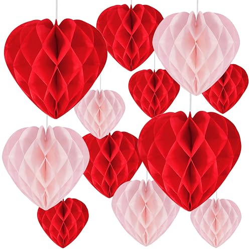 12 Pcs Heart Honeycomb Ball Heart Shaped Hanging Paper Pom