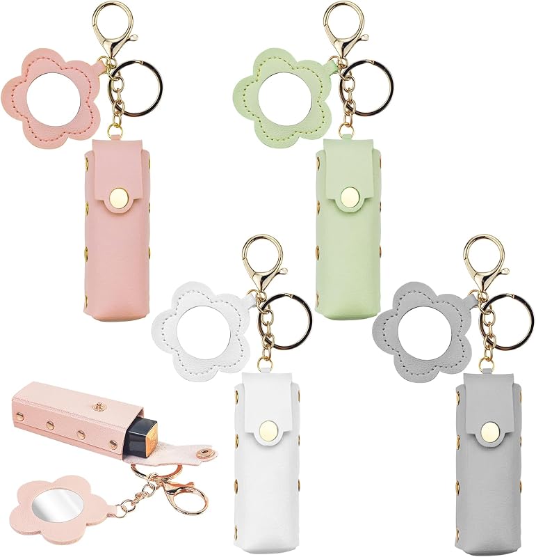 Arvintas Porta-Batom e Protetor Labial com Espelho e Chaveiro, Couro PU, Formato de Coração, Estilo 3, Pacote com 4