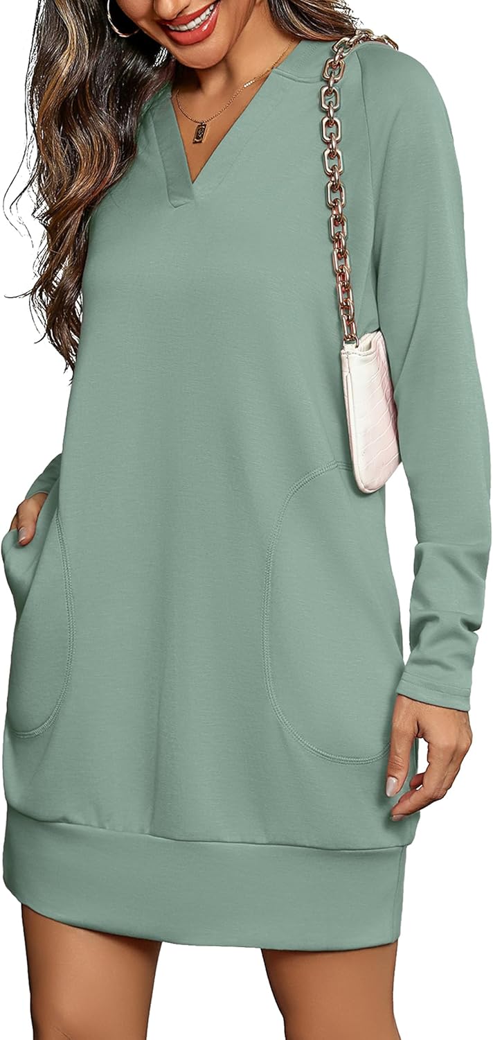 Totatuit Women Oversized Hoodies Dress Casual Long Sleeve V-Neck Hooded Sweatshirt Dress with Pockets 2025 Fall Outfits