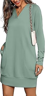 Totatuit Women Oversized Hoodies Dress Casual Long Sleeve V-Neck Hooded Sweatshirt Dress with Pockets