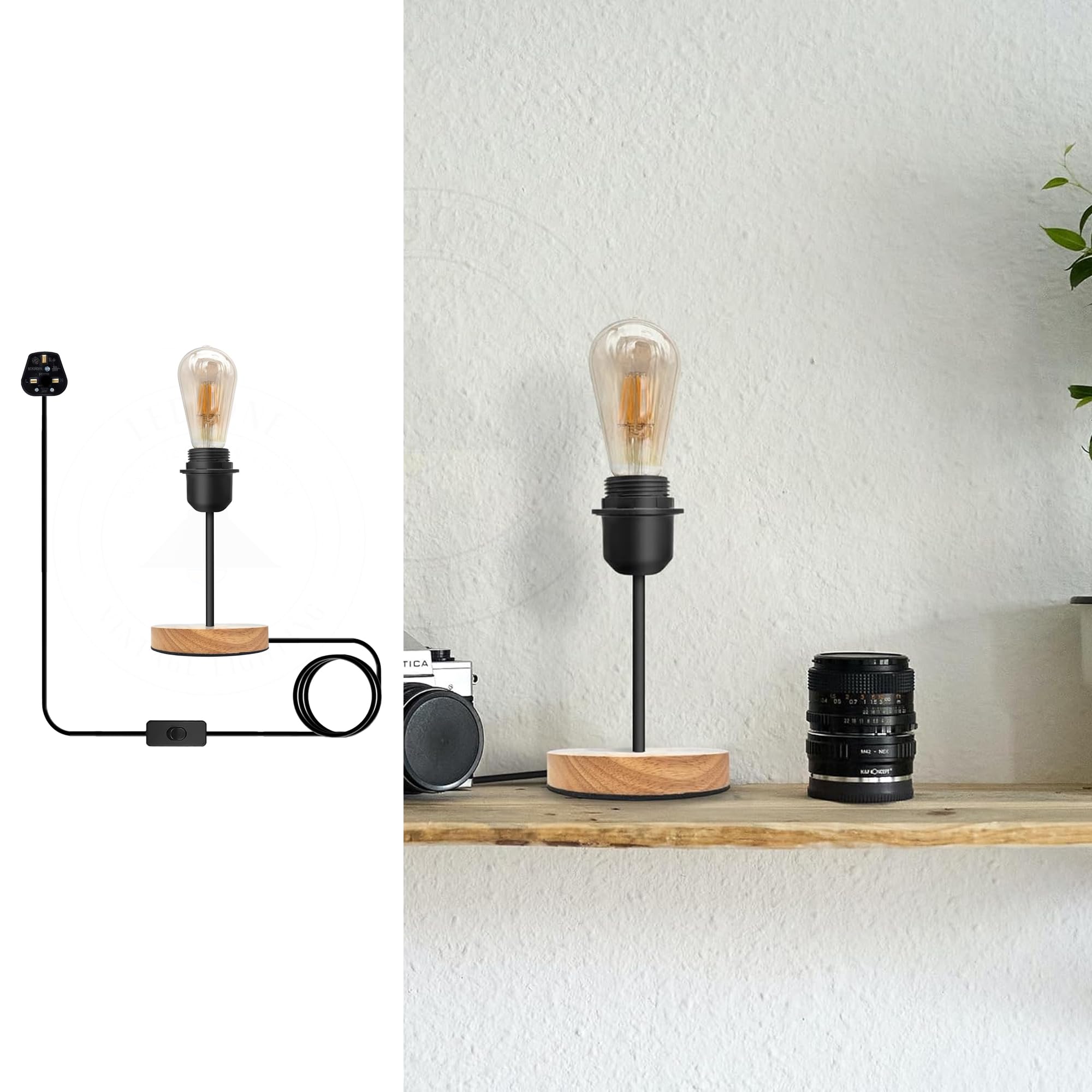 LEDSone Wood Small Table Lamp with E27 Base, Plug in Cord, On/Off Switch, Vintage Desk Lamp Edison Lamp Holder for Home Lighting Decor with Bulb, Natural Wood and Black Cable