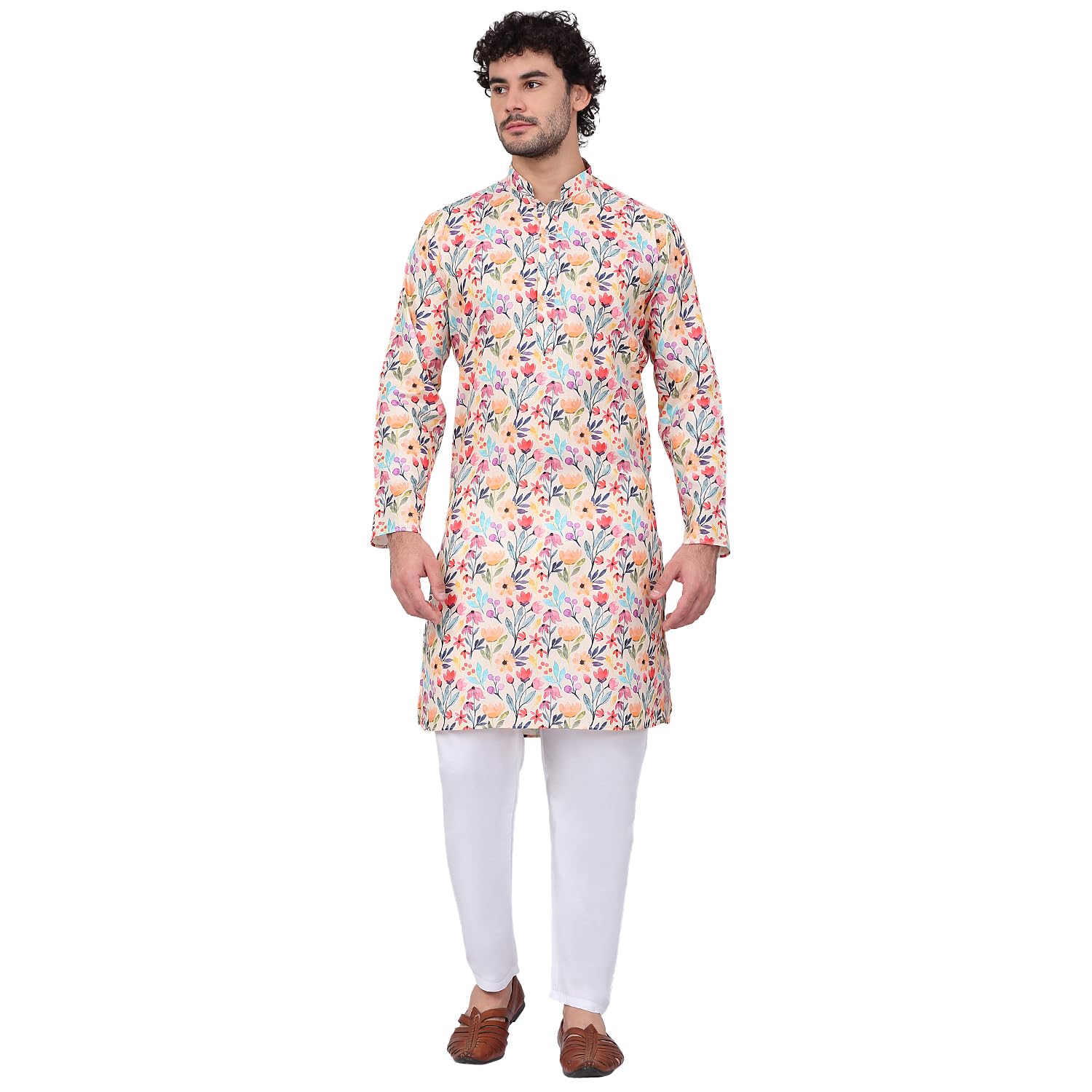Men's Linen Straight Floral Printed Kurta With Elastic Waistband Pyjama set-image-49