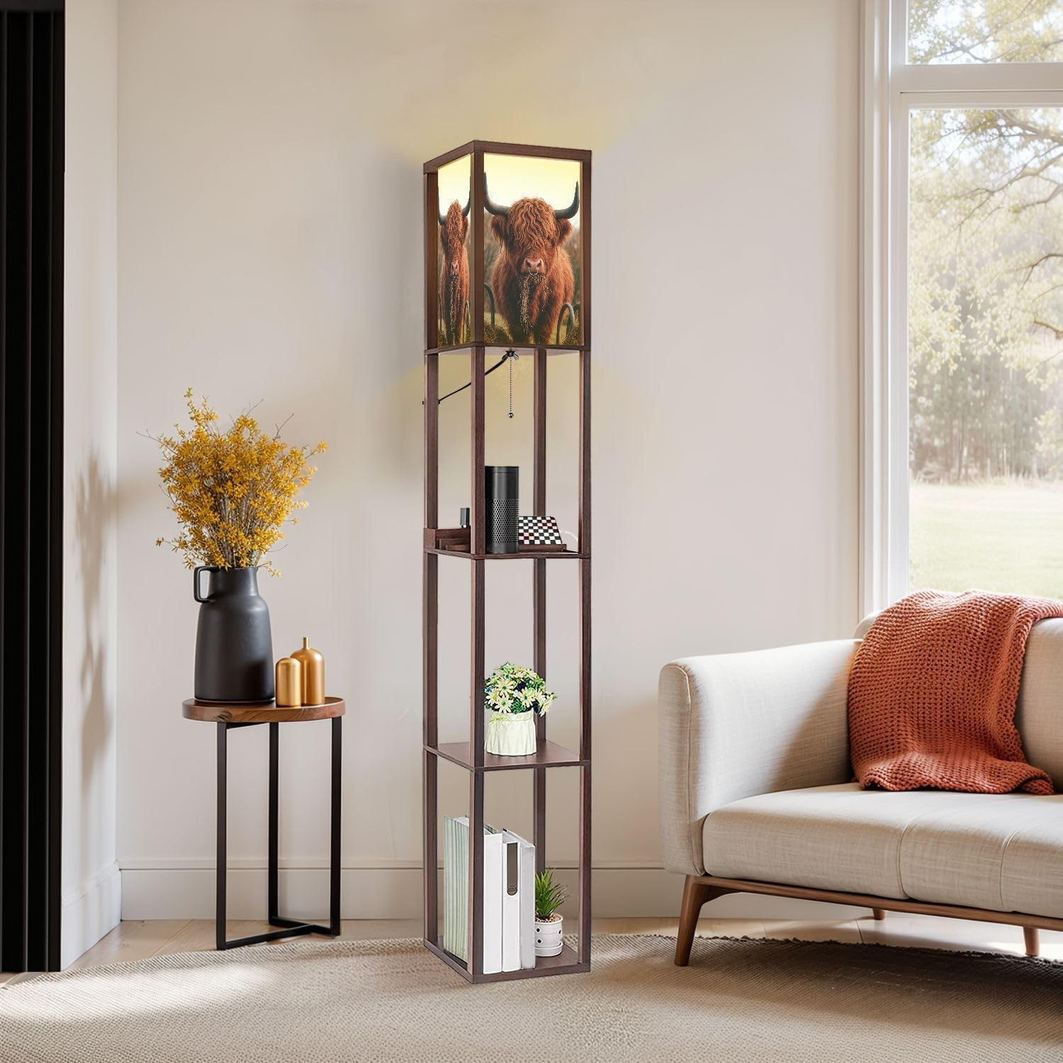 Floor Lamp with Shelves Hungry Highland Cow Standing Tall Lamp USB Ports & Power Outlet Modern Corner Lamp Nightstand Light for Living Room Bedroom