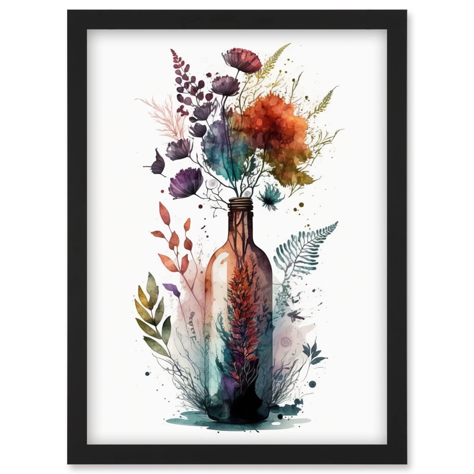 Artery8 Wine Bottle with Spring Wildflower Floral Bouquet Artwork Framed Wall Art Print A4
