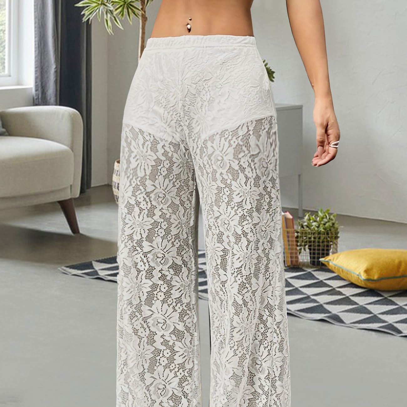 Donna Y2K Pantaloni Trasparenti Ricamati con Vita Alta e Gamba Dritta Elastico in Vita Pantaloni Mesh Street Rave per Discoteca, Clubbing, Festa, Bianco, L