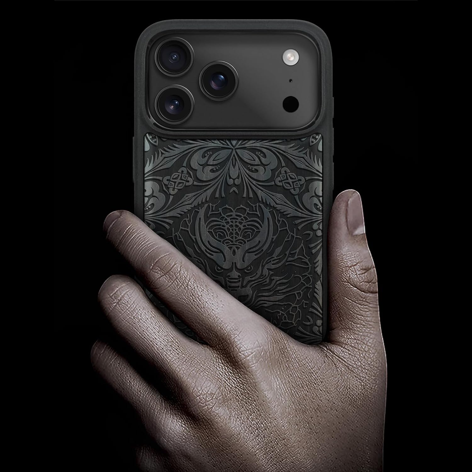 Carveit Magnetic Wooden Case for iPhone 17 Pro Max Case, Wood Artisan Engraved & Black Soft TPU Shockproof Cover, Compatible with MagSafe Wireless Chargers (The Dragon's Gaze Mandala) Blackwood