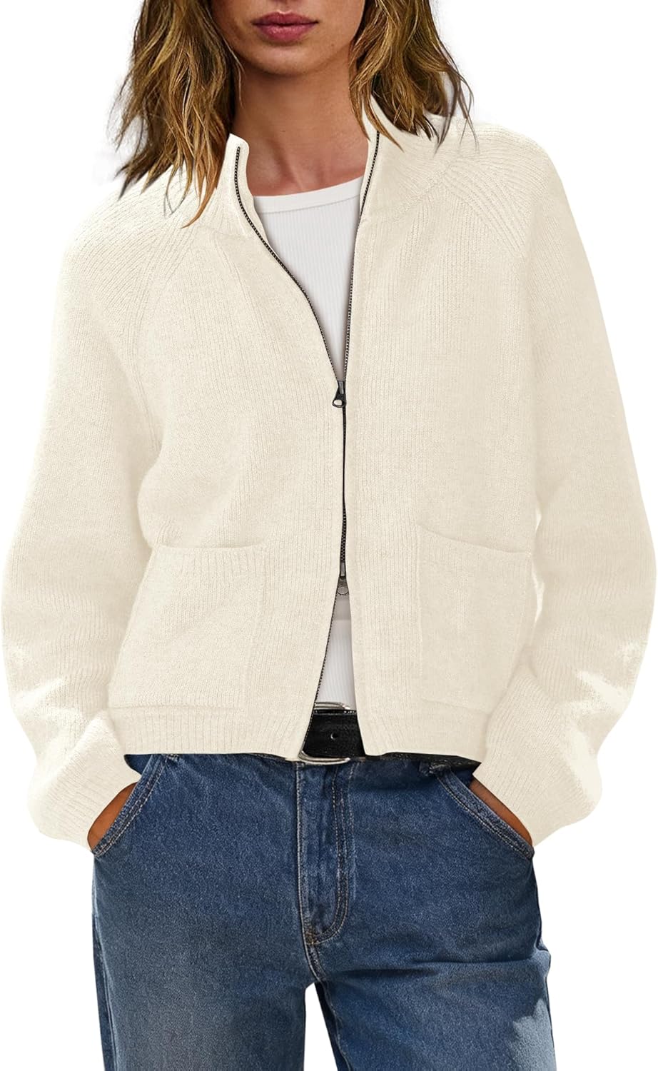 LAMISSCHE Womens Cardigan Sweaters Oversized Turtleneck Cable Knit Sweater Long Sleeve Zip up Cardigan with Pockets