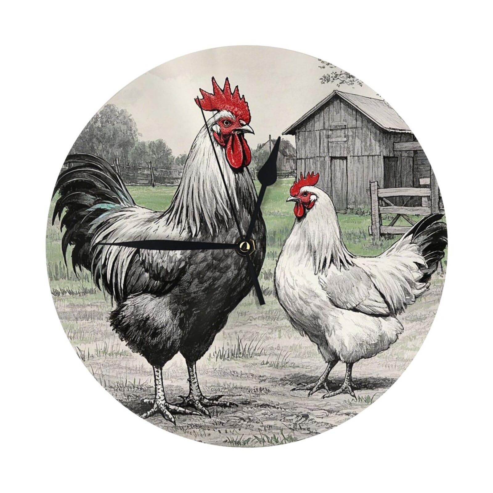 FodPand Rooster and Hen Sketch Farm Wall Clock - 10 Inch Silent Non-Ticking Modern Wall Clocks Battery Operated - Classic Simple Minimalist Analog Round Decorative Clock for Kitchen, Home, Office