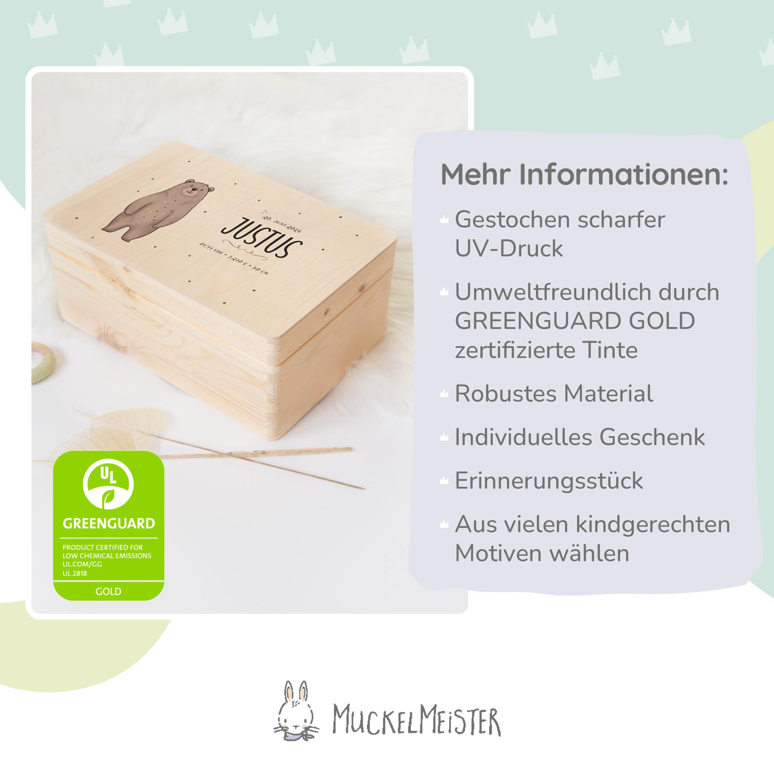 Muckelmeister Erinnerungsbox Baby Personalisiert - 30x20x14cm - UV-Druck - Individuelle Baby Aufbewahrungsbox - tolle Erinnerungskiste aus Holz - Taufgeschenk - Geschenke zur Geburt - Löwe