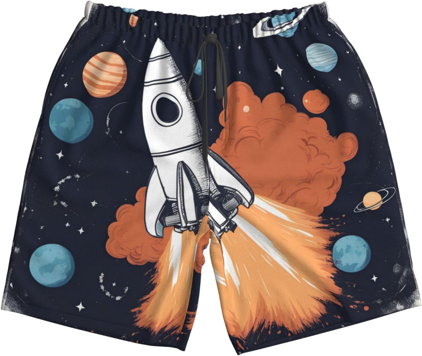 Mens Rocket in Space Print Beach Shorts,Casual Summer Shorts for Men,Quick Dry Polyester