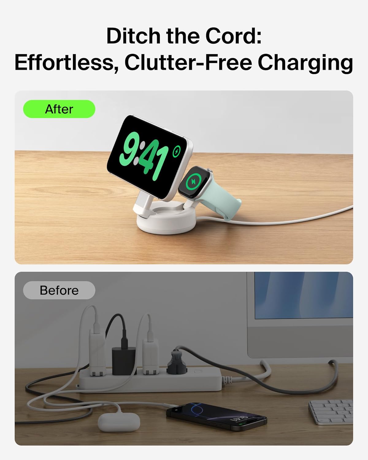 Belkin MagSafe Charger Compatible, 2-in-1 Wireless Charging Station, Qi2.2 25W Convertible Magnetic Charger for iPhone 17, Apple Watch Series 10, Google Pixel 10, and More (45W Adapter Included)