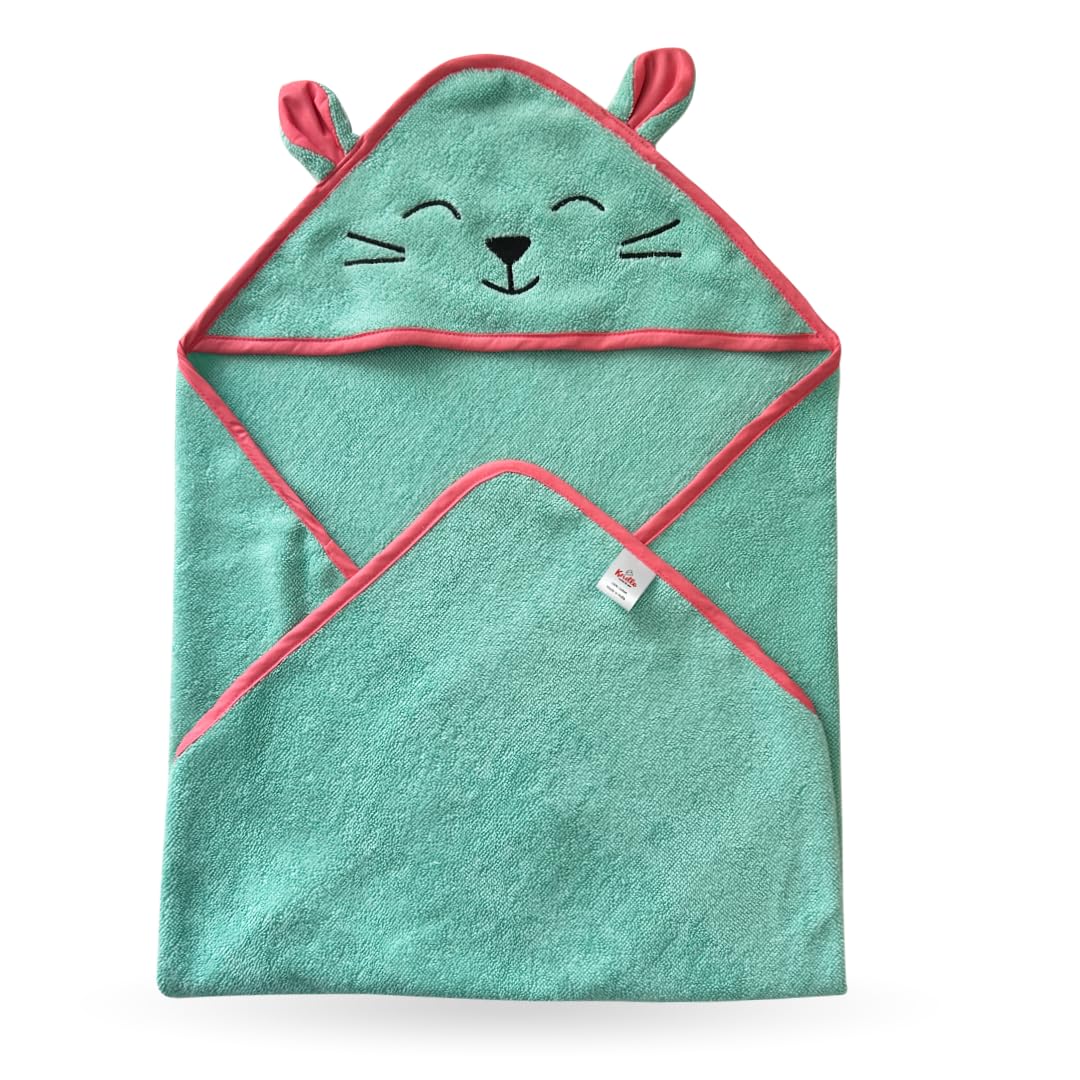 Kridlo 100% Cotton Terry Baby Hooded Towel for Newborn, Super Soft & Absorbent GSM-550 Bath Towel, 70x70cm, 0-2 Years (Pack of 1, Minty Green Cat) 2