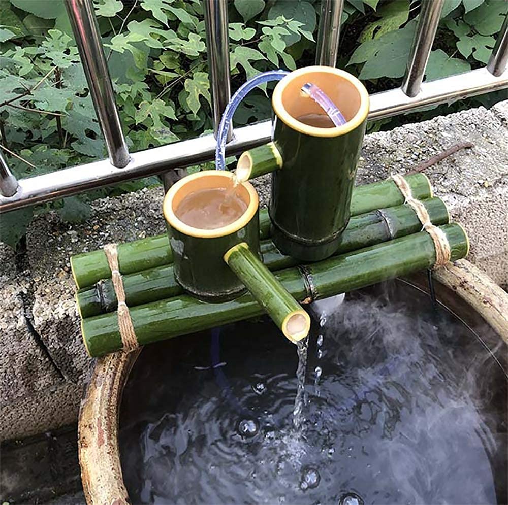 Aioneer Bamboo Fountain Water Feature Bamboo Fountain Decor Water Spout with Pump Arts Crafts Artwork for Garden Decoration Waterfall Outdoor Garden Decoration