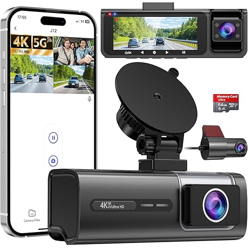 3 Channel 5G WiFi Dash Cam, 4K+1080P+1080P Dash Cam Front and Rear Inside with 64GB Card, 3.16” IPS Screen, G-Sensor, Loop Recording, Parking Monitor, 170° Wide Angle, IR Night Vision, WDR, Silver