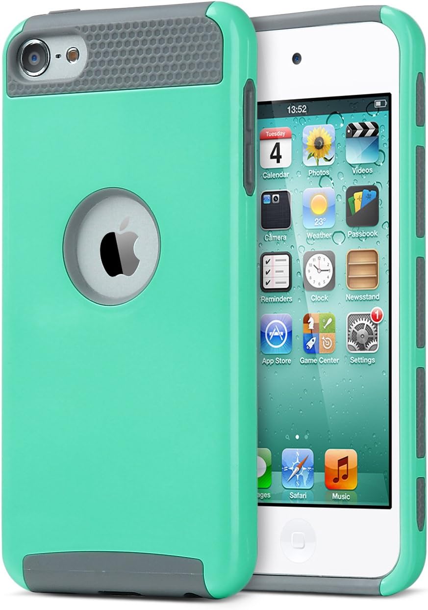 ULAK iPod Touch 5/6th Generation Case, Dual Layer Slim Protective Hybrid iPod Touch Case Hard PC Cover for Apple iPod Touch 5 6th Generation (Aqua Mint/Grey)