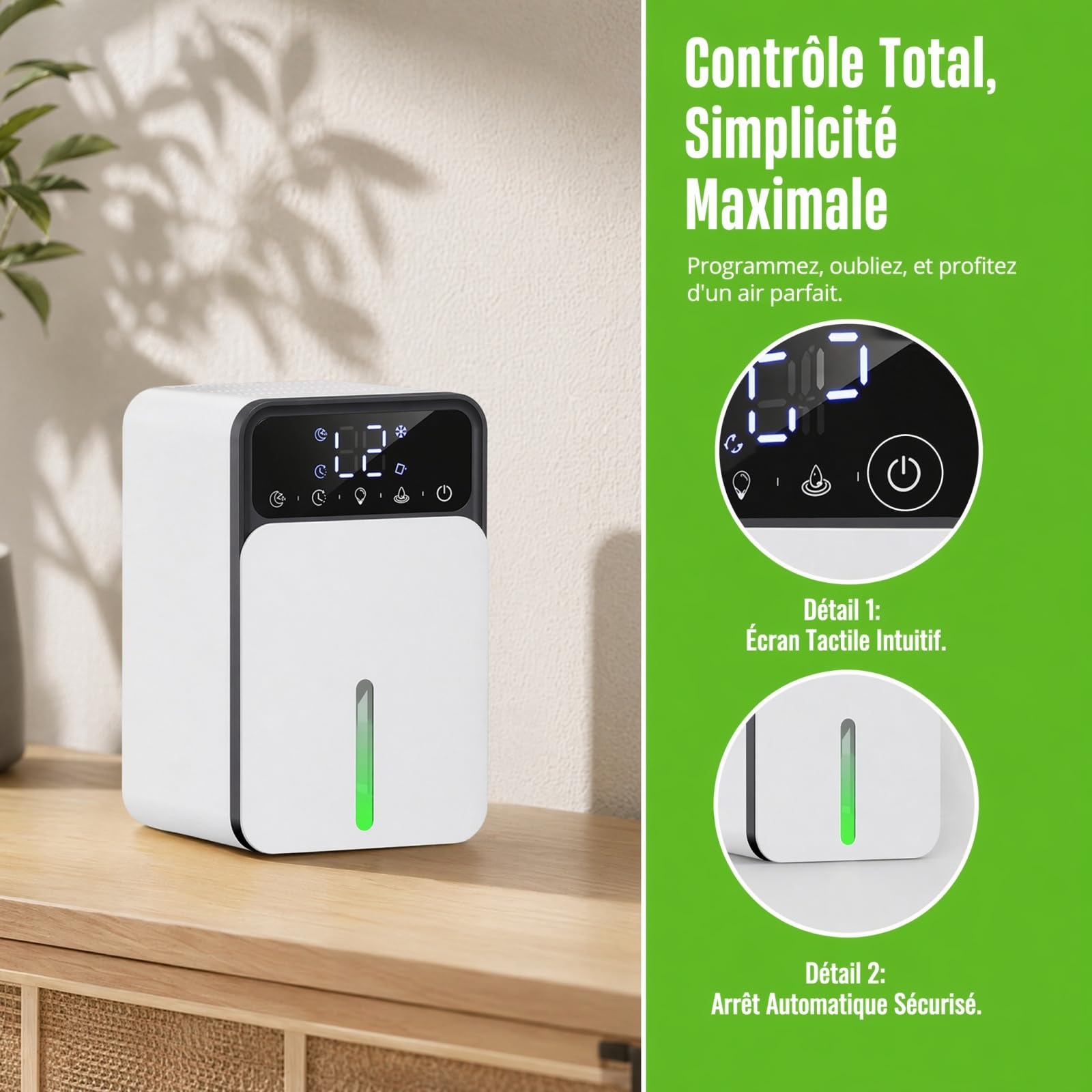 Déshumidificateur d air électrique 1500ml lcd niveaux ajuster et 3 modes déshumidification d'air avec minuterie Blanc