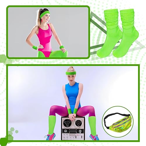 Miniatura 6 de Juego de 4 riñoneras verdes de los años 80 y calcetines para mujer, juego de cangurera de neón verde, para entrenamiento de neón y pulsera, uso para