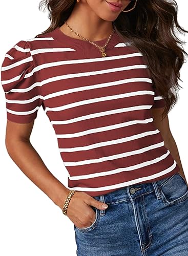 Dokotoo Women's Short Puff Sleeve Knit Tops 2026 Trendy Crewneck