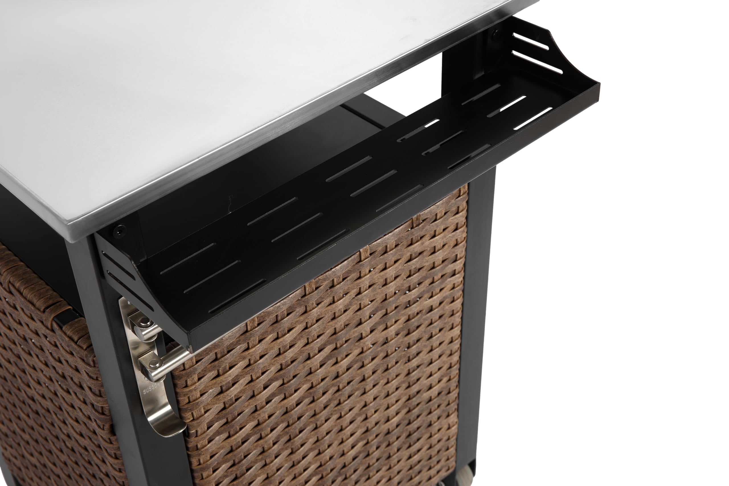 Carrello da portata in rattan con piano estraibile in acciaio inox, isola da cucina per esterni con armadio, cassetto, portabicchieri e apribottiglie, marrone